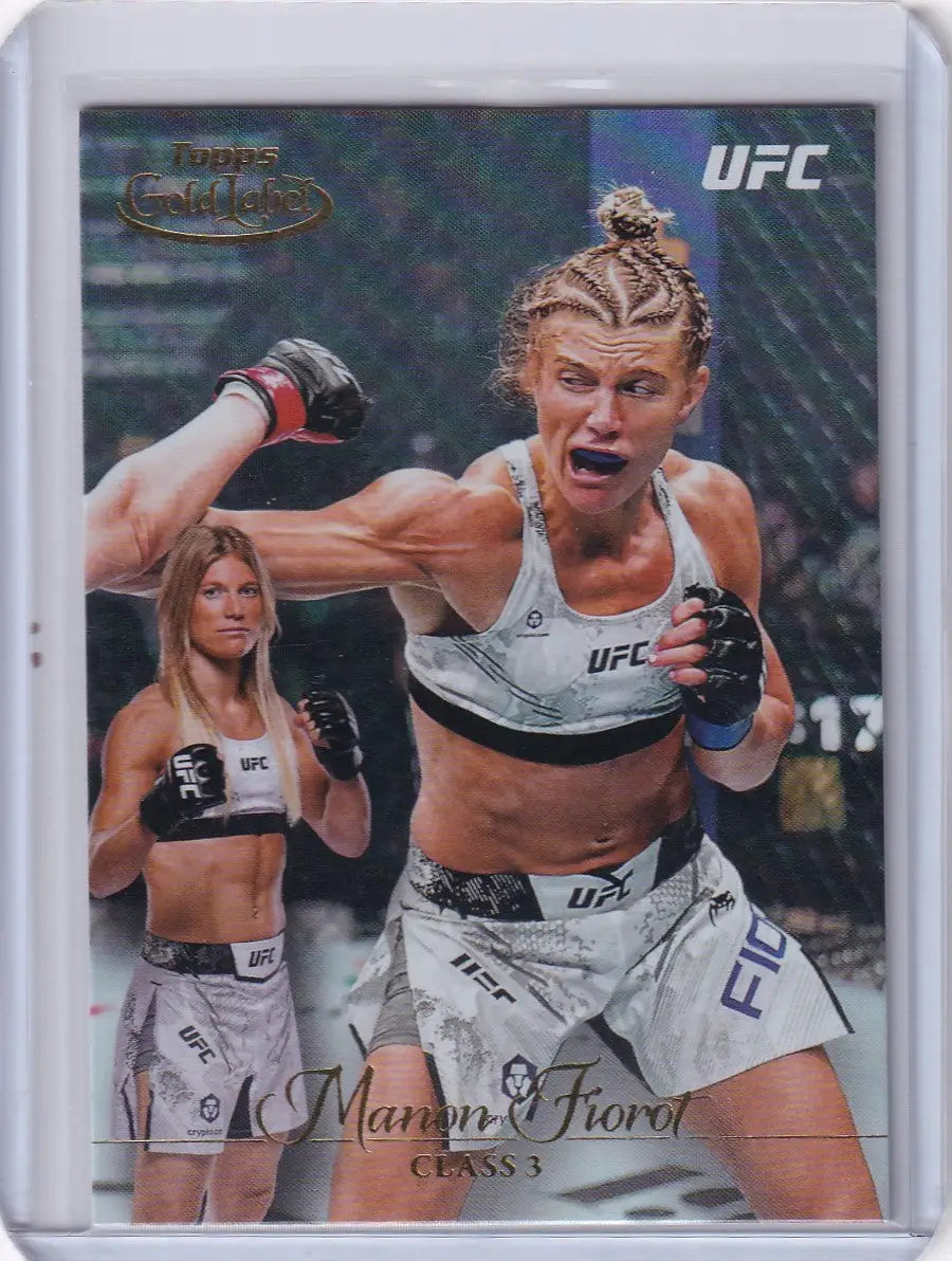 UFC trading card of Manon Fiorot in white sports outfit from Topps Gold Label Class 3