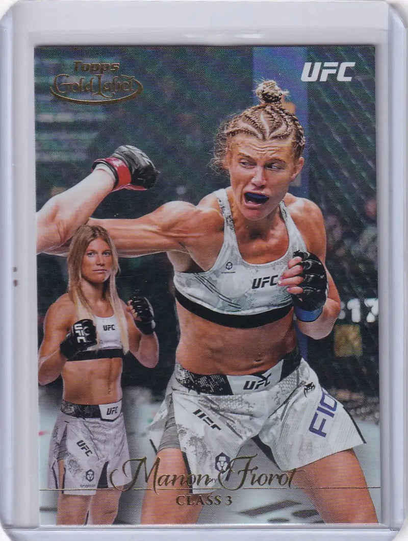 UFC trading card of Manon Fiorot in white sports outfit from Topps Gold Label Class 3