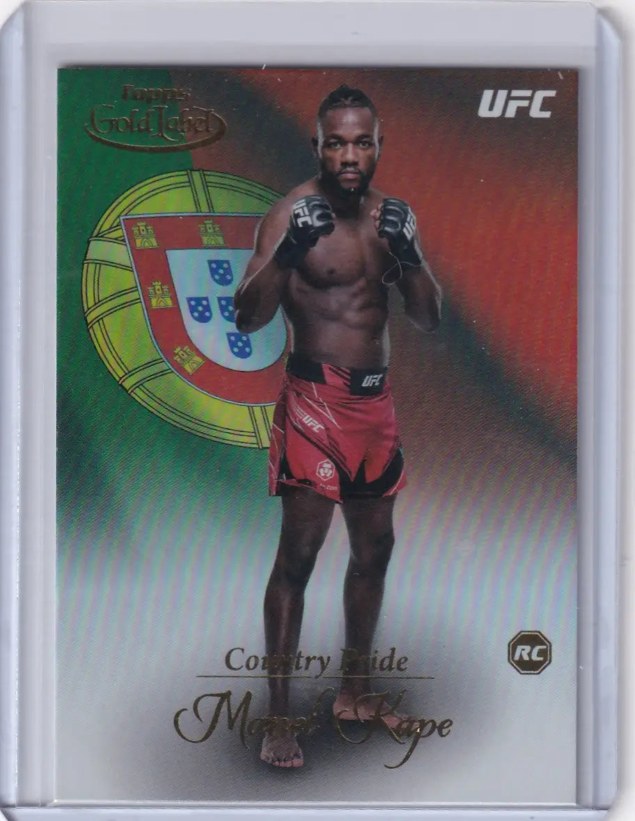 UFC trading card of Manel Kape in red shorts with Portuguese flag, Topps Gold Label Country Pride