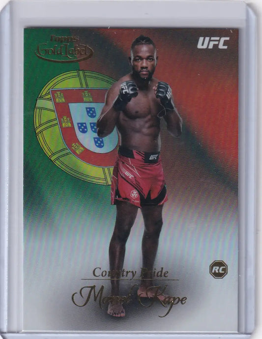 UFC trading card of Manel Kape in red shorts with Portuguese flag, Topps Gold Label Country Pride