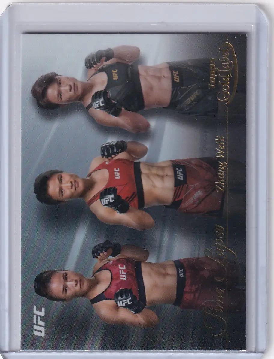 Trading card of UFC fighters in black and red gear from Topps Gold Label Time Lapse