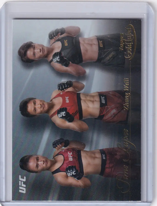 Trading card of UFC fighters in black and red gear from Topps Gold Label Time Lapse