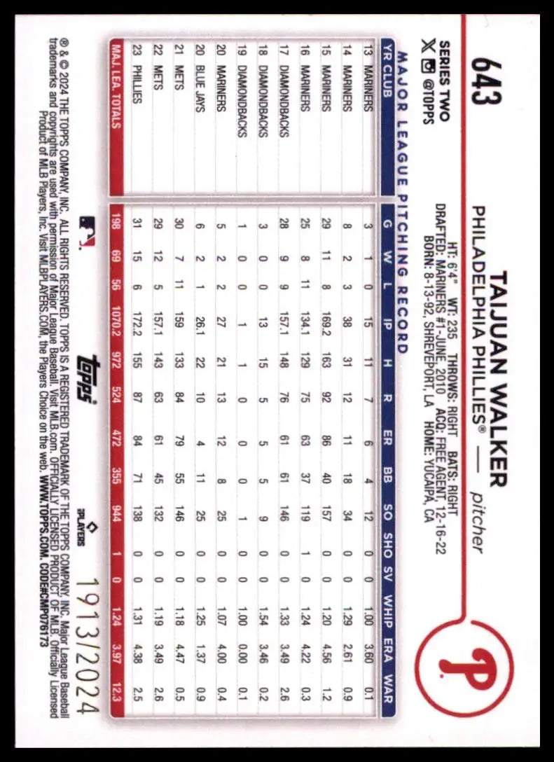 2024 Topps - Gold Taijuan Walker 643 /2024 Philadelphia Phillies Baseball NM - Baseball Card Single