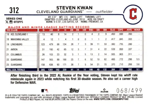 2024 Topps Green Crackle Foil #312 Steven Kwan NM-MT 068/499 Guardians - Baseball Card Single