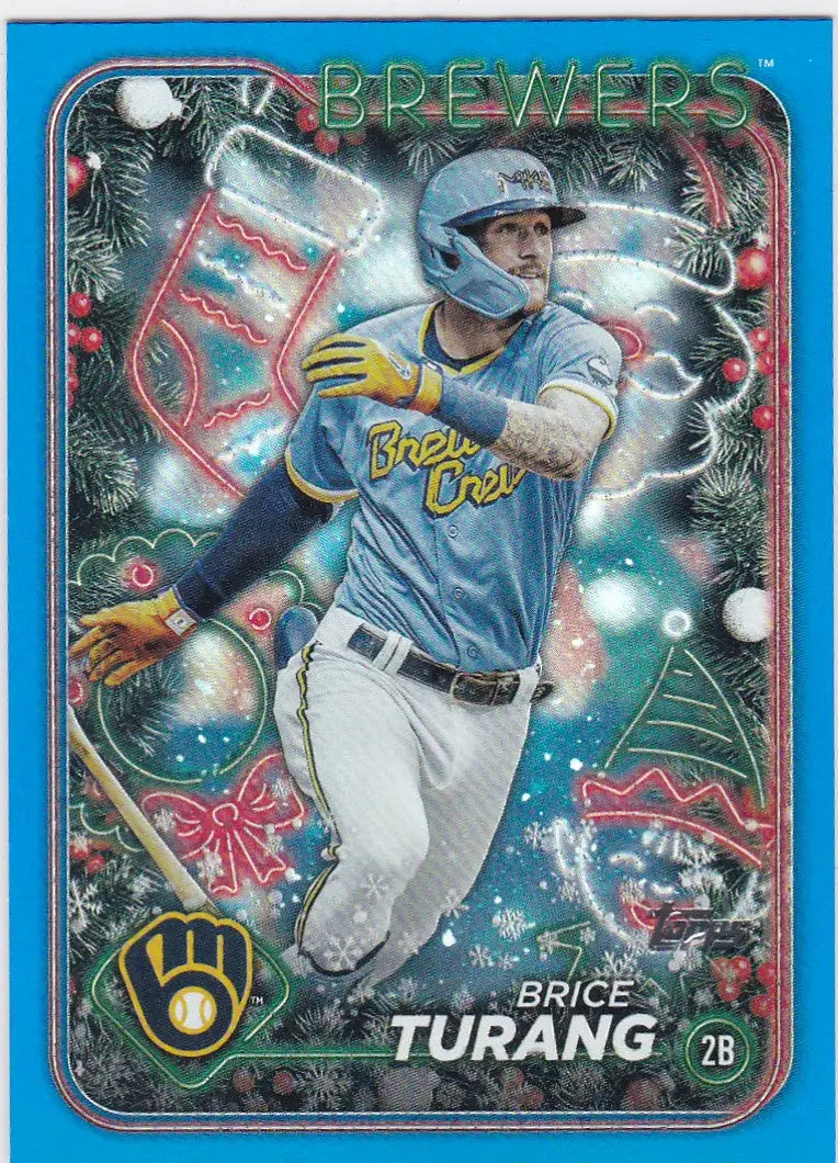 Baseball card of H40 Brice Turang with Milwaukee Brewers holiday-themed decor