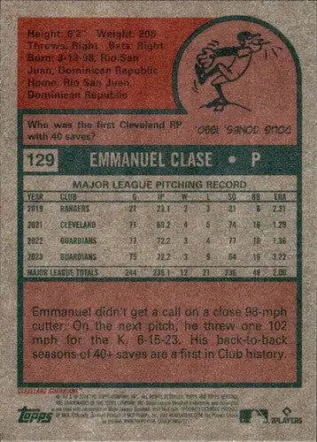 Emmanuel Clase baseball card back from 2024 Topps Heritage with original gloss