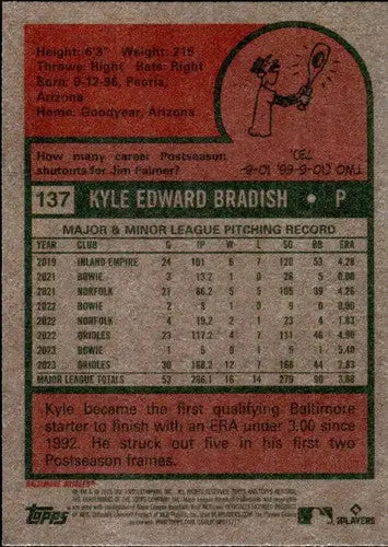 2024 Topps Heritage Kyle Bradish baseball card back with original gloss and Orioles ID 70365