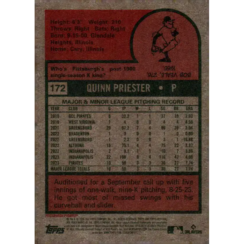 2024 Topps Heritage #172 Quinn Priester NM-MT RC Rookie Pittsburgh Pirates Baseball Card - Baseball Card Single