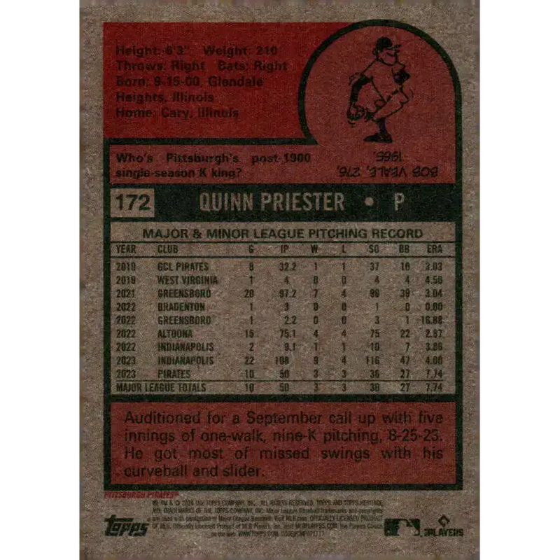 2024 Topps Heritage #172 Quinn Priester NM-MT RC Rookie Pittsburgh Pirates Baseball Card - Baseball Card Single