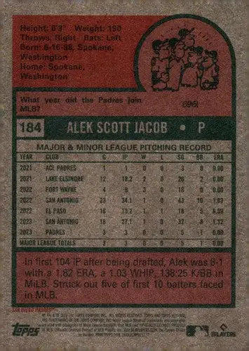 Baseball card back featuring original gloss from 2024 Topps Heritage Alek Jacob rookie card