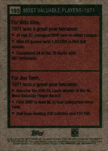 2024 Topps Heritage #193 Vida Blue/Joe Torre NM-MT ID:70384 - Baseball Card Single