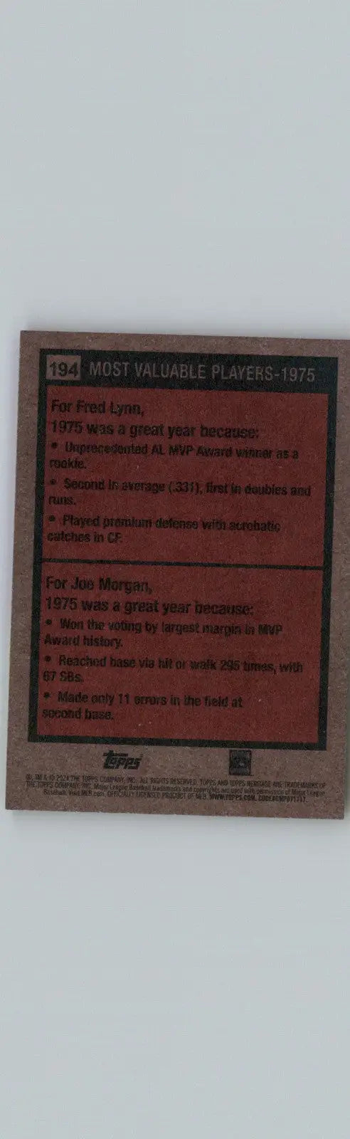 2024 Topps Heritage #194 1975 MVPs (Fred Lynn / Joe Morgan) MVP - Baseball Card Single
