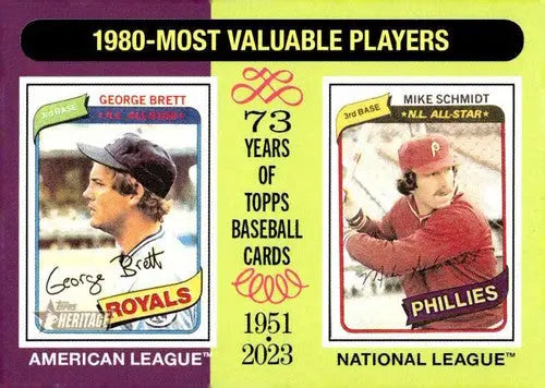 1980 Topps Heritage baseball card featuring George Brett and Mike Schmidt with original gloss