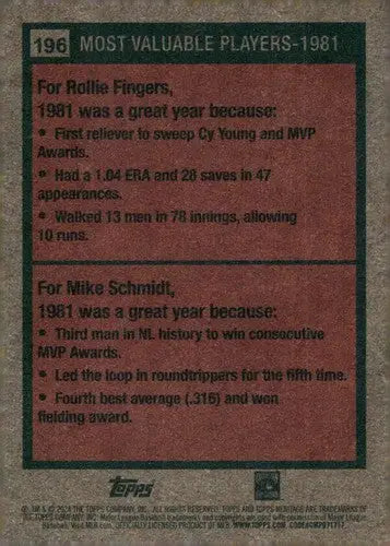 2024 Topps Heritage baseball card back featuring Rollie Fingers and Mike Schmidt