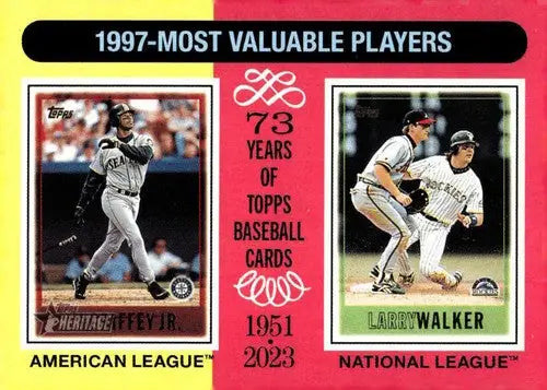 1997 Topps baseball card of Ken Griffey Jr. in 2024 Topps Heritage product with original gloss
