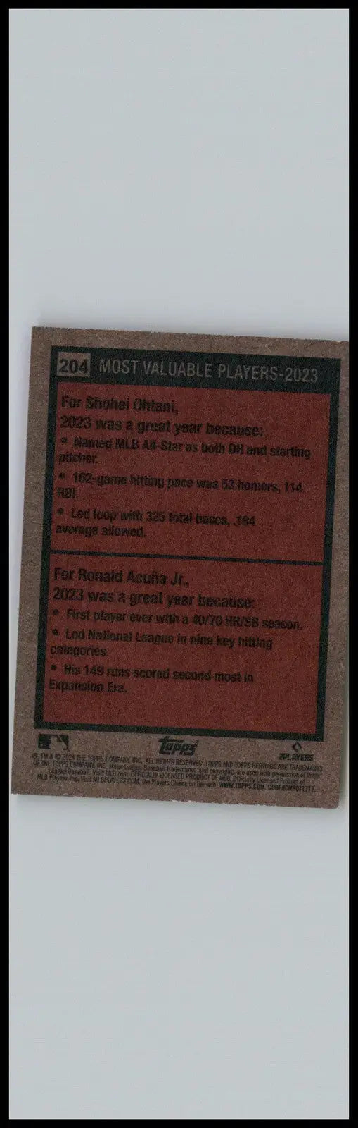 2024 Topps Heritage #204 2023 MVPs (Shohei Ohtani / Ronald Acuña Jr.) MVP - Baseball Card Single