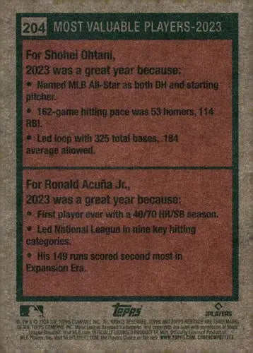 2024 Topps Heritage #204 Ronald Acuna Jr./Shohei Ohtani NM-MT ID:70175 - Trading Cards