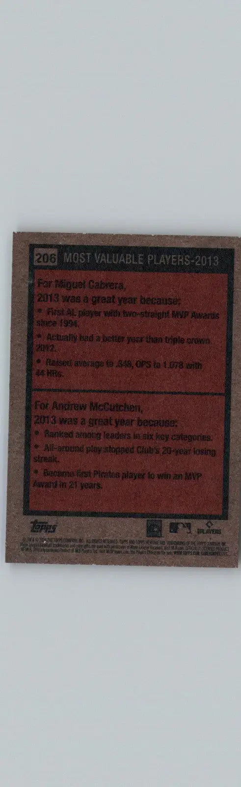 2024 Topps Heritage #206 2013 MVPs (Miguel Cabrera / Andrew McCutchen) MVP - Baseball Card Single