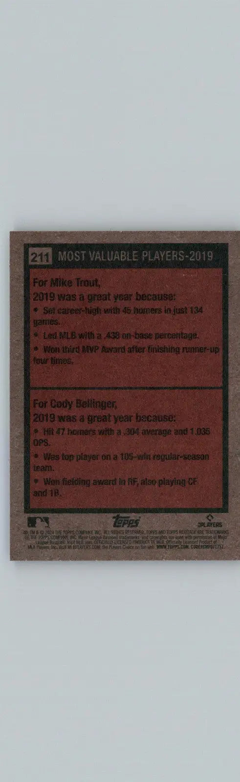 2024 Topps Heritage #211 2019 MVPs (Mike Trout / Cody Bellinger) MVP - Baseball Card Single