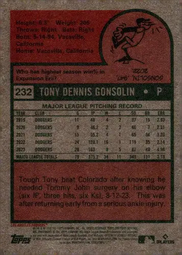 2024 Topps Heritage Tony Gonsolin baseball card back with original gloss front design