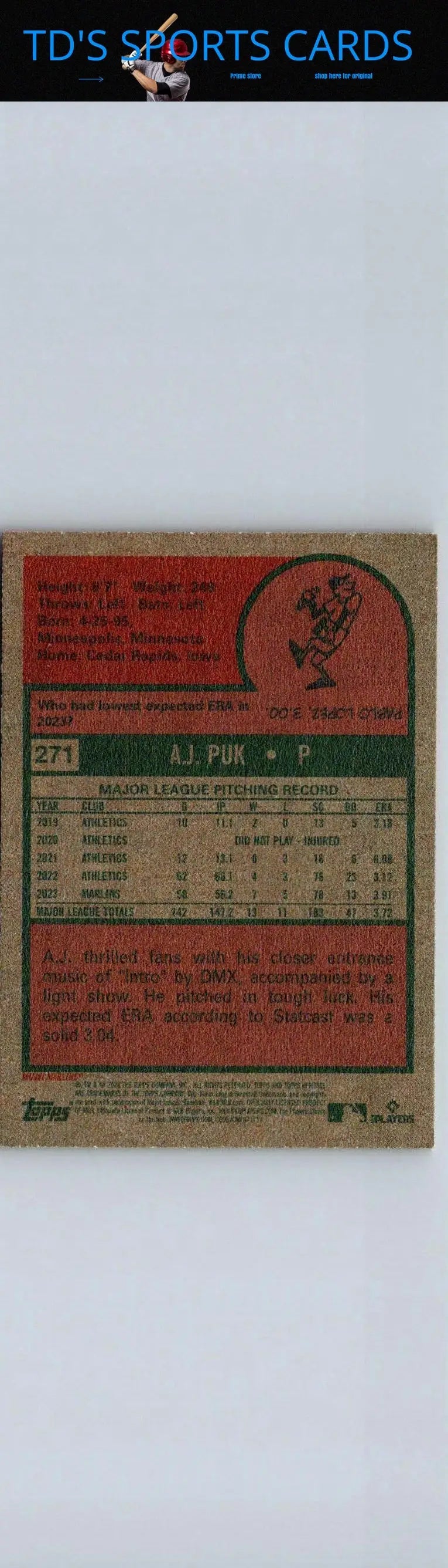 Baseball card back from 2024 Topps Heritage #271 A.J. Puk