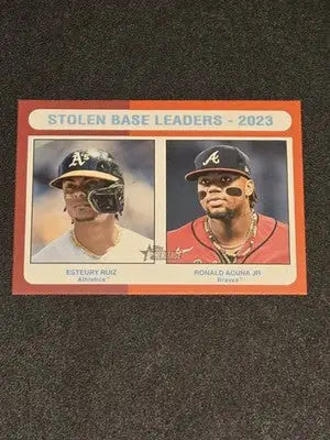 2024 Topps Heritage #309 Stolen Base Leaders-2023 Ruiz/Acuña Jr Red Border - Baseball Card Single
