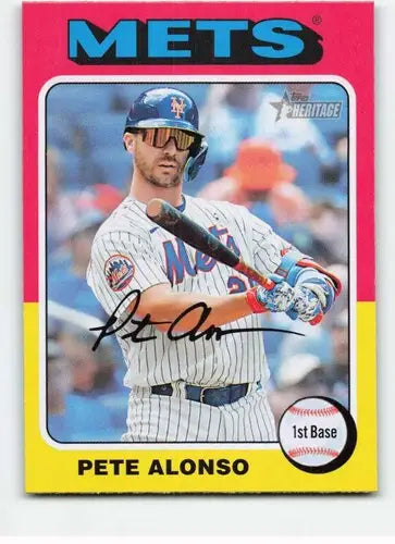 Original gloss Pete Alonso baseball card from 2024 Topps Heritage set featuring Mets ID 70447