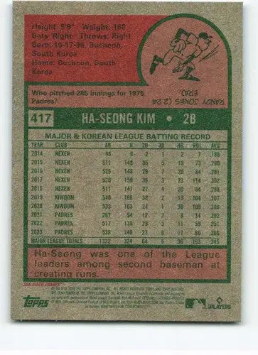 2024 Topps Heritage Baseball Card Back showcasing original gloss of Ha-Seong Kim NM-MT Padres