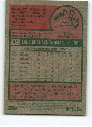2024 Topps Heritage Lane Thomas baseball card back with original gloss and detailed design