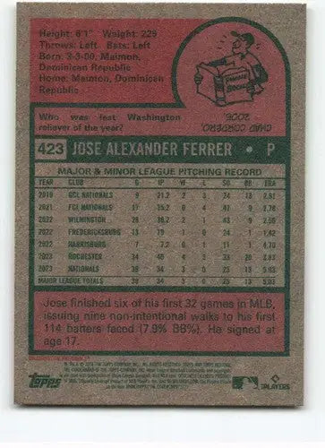 Baseball card back showcasing original gloss from 2024 Topps Heritage Jose Ferrer rookie