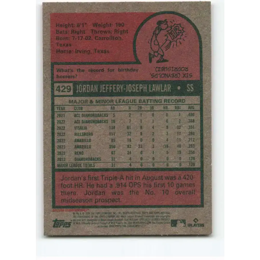 2024 Topps Heritage #429 Jordan Lawlar NM-MT RC Rookie Arizona Diamondbacks Baseball Card - Baseball Card Single