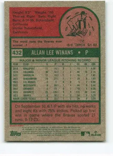 Baseball card back from 2024 Topps Heritage featuring Allan Winans rookie Braves