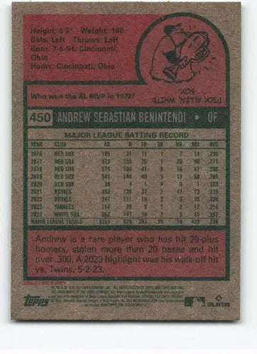 Baseball card back from 2024 Topps Heritage featuring Andrew Benintendi White Sox ID 70458