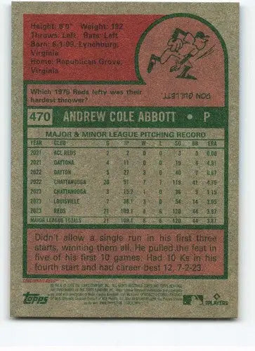 Baseball card back with original gloss from 2024 Topps Heritage featuring Andrew Abbott rookie