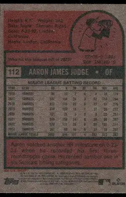 Heritage Aaron Judge baseball card showcasing career stats and caricature from Topps Heritage