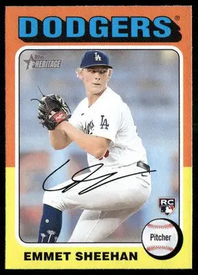 Baseball trading card of Emmet Sheehan Dodgers from 2024 Topps Heritage Emmet series