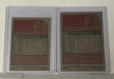 Baseball cards of Connor Kaiser in protective cases from 2024 Topps Heritage High Number