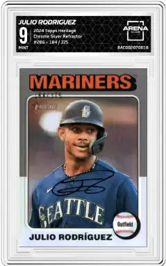 A graded Topps Heritage Julio Rodriguez Chrome Silver Refractor baseball card 184/375