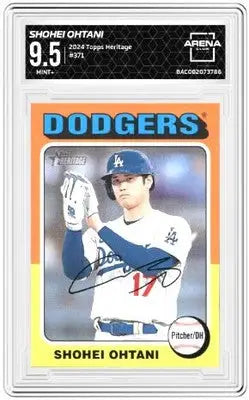 A graded Topp’s Heritage Shohei Ohtani baseball card from 2024 Topps Heritage series