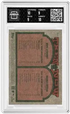 Graded baseball card in protective case featuring Topps Heritage Shohei Ohtani Mike Schmidt #TAN-2