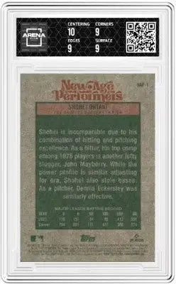 Baseball card in clear graded slab showcasing 2024 Topps Heritage Shohei Ohtani performance