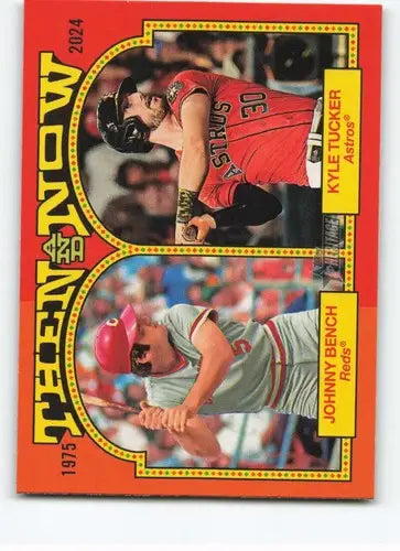 Baseball card featuring Kyle Tucker and Johnny Bench from 2024 Topps Heritage Then and Now
