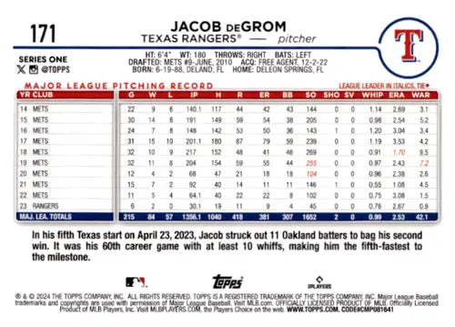 2024 Topps Holiday #171 Jacob deGrom NM-MT Rangers - Baseball Card Single