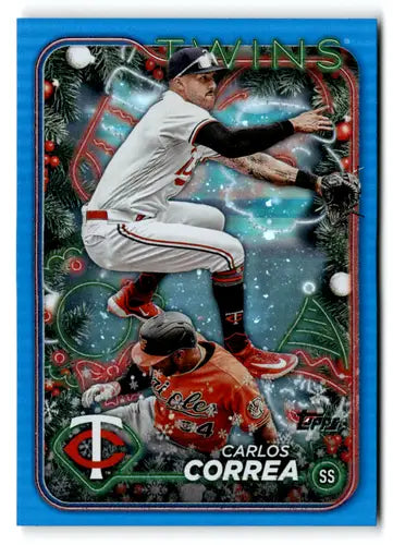 Carlos Correa baseball card from 2024 Topps Holiday Blue Metallic Glitter series