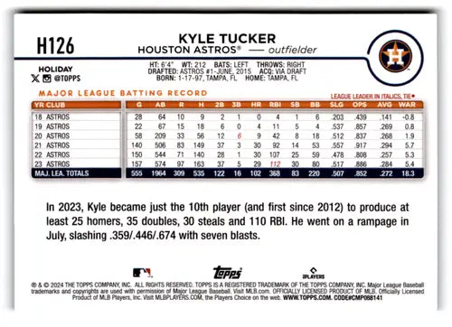 Collectible Kyle Tucker baseball card 2024 Topps Holiday Blue Metallic Astros NM-MT