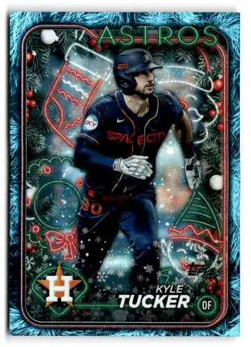 Collectible Kyle Tucker baseball card with festive Christmas design in 2024 Topps Holiday Blue Metallic style