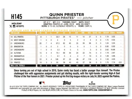 2024 Topps Holiday Blue Metallic Holiday Tree #H145 Quinn Priester NM-M ID:75212 - Baseball Card Single