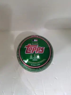 Green Topps baseball card tin from the 2024 Topps Holiday Empty Tin Ornament Ball collection