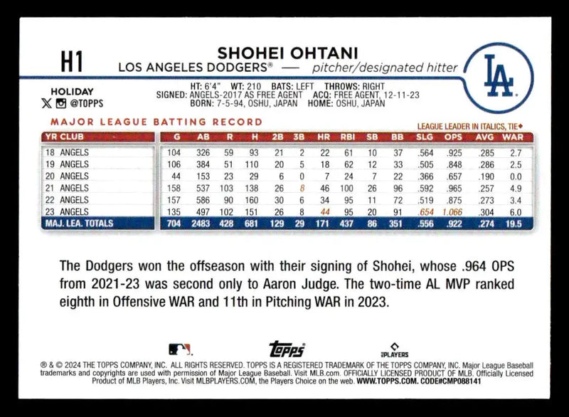 2024 Topps Holiday #H1 Shohei Ohtani - Baseball Card Single
