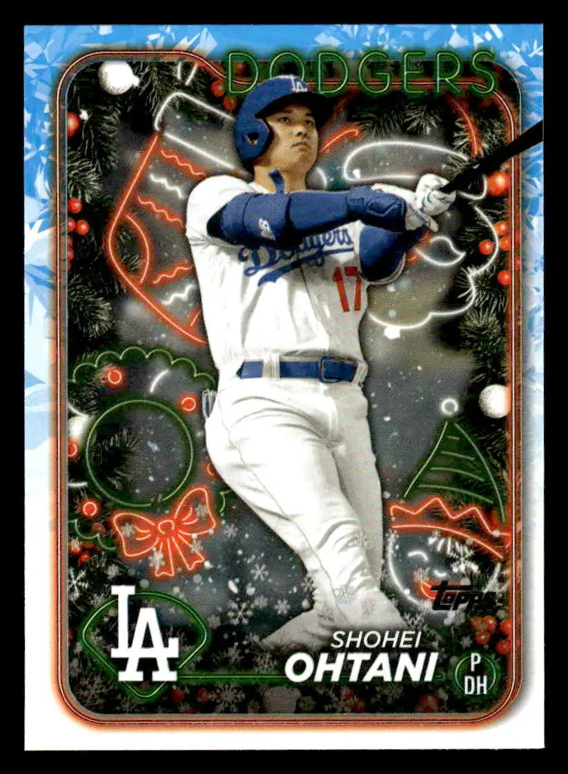 Baseball trading card of Shohei Ohtani in holiday design from 2024 Topps Holiday series